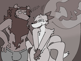 6_tails anthro butt butt_focus butt_jiggle duo hand_on_butt jiggling male male/male multi_tail tail text conditional_dnp furryfluffbutt canid canine felid fox lion mammal pantherine 4:3 animated monochrome