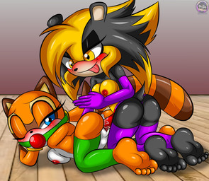 accessory aged_up anthro anus arms_tied armwear ass_up ball_gag black_body black_fur blue_eyes bodily_fluids bound breasts butt canon_x_oc clothing dildo duo embarrassed eyeshadow feet female female/female female_anthro fur gag genital_fluids genitals hair_accessory half-closed_eyes humanoid_feet humanoid_hands interspecies legwear looking_at_another looking_at_partner looking_back looking_pleasured makeup multicolored_body multicolored_fur narrowed_eyes nipples one_eye_closed orange_body orange_fur penetration plantigrade raccoon_tail sex sex_toy sex_toy_in_vagina sex_toy_insertion slave spines strapon strapon_in_vagina strapon_insertion strapon_sex tongue tongue_out toying_partner vaginal vaginal_fluids vaginal_penetration vulva wearing_strapon yellow_body yellow_eyes yellow_fur sirjzau sega sonic_the_hedgehog_(series) marine_the_raccoon zauko_the_tenrec afrosoricid mammal procyonid raccoon tenrec hi_res