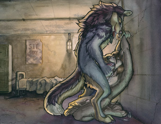 against_surface against_wall animal_genitalia anthro anthro_on_anthro anthro_penetrated anthro_penetrating anthro_penetrating_anthro bdsm bed black_nose bodily_fluids bondage bound brown_body brown_fur cracked_wall cum cum_in_mouth cum_inside cum_on_chest cum_on_snout drinking drinking_cum drugged duo ejaculation erection eyes_closed fellatio fluffy fluffy_tail fur furniture genital_fluids genitals grey_body grey_fur hands_tied looking_down looking_down_at_partner male male/male nude open_mouth oral oral_only oral_penetration penetration penile penis_in_mouth questionable_consent sex sheath sleep_sex sleeping substance_intoxication sucking syringe tail ruaidri roxxy_(darkkfear) canid canine canis mammal wolf 2018