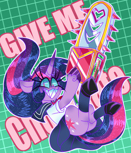 chainsaw clothing female feral geometric_background grid_background horn legwear pattern_background power_tool school_uniform sharp_teeth simple_background solo stockings teeth tools uniform ladylullabystar friendship_is_magic hasbro my_little_pony mythology twilight_sparkle_(mlp) equid equine mammal mythological_creature mythological_equine unicorn absurd_res hi_res