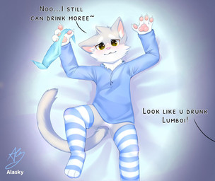 :3 anthro bed biped blue_clothing blue_hoodie blue_leg_warmers blue_legwear blue_thigh_highs blue_topwear clothing femboy fur furniture grey_body grey_fur hoodie kemono leg_warmers legwear looking_at_viewer male on_bed shota slim_anthro slim_male solo speech_bubble text thigh_highs topwear young young_anthro young_male fur_alasky domestic_cat felid feline felis mammal 2021 english_text hi_res