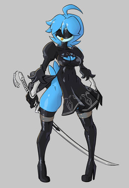 anthro beak black_boots black_clothing black_footwear black_topwear blindfold blue_body blue_fur blue_hair boots breasts cleavage_cutout clothing cosplay crossover_cosplay cutout feathers female fingers footwear fur gloves grey_background hair handwear holding_katana holding_melee_weapon holding_object holding_sword holding_weapon katana melee_weapon pose shoes short_hair simple_background solo standing sword tail tail_feathers text thick_thighs topwear weapon yellow_beak snoutless nier_automata platinumgames undertale undertale_(series) undertale_yellow martlet_(undertale_yellow) yorha_2b avian 2025 absurd_res artist_name crossover digital_drawing_(artwork) digital_media_(artwork) hi_res