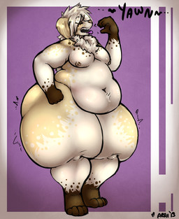 ambiguous_gender anthro eyes_closed huge_thighs hyper hyper_thighs male nipples nude obese obese_anthro open_mouth overweight overweight_anthro solo standing thick_thighs tongue tongue_out yawn araidian luca_(creamcollie) canid canine canis domestic_dog mammal 2015