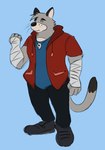 aged_up anthro bandage bandaged_arm black_nose blue_background bottomwear clothing grey_body hoodie humanoid_hands male pants shirt simple_background solo topwear duskneko brok_the_investigator cowcat_games graff_filsh domestic_cat felid feline felis mammal 2023 hi_res