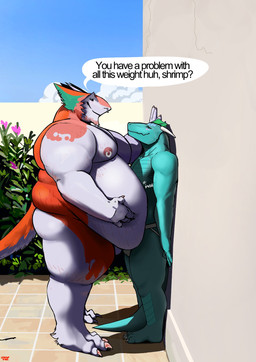 anthro beard belly big_belly blush butt clothing dialogue dominant dominant_male duo facial_hair facial_piercing flustered jockstrap larger_male looking_at_another male male/male moobs nipple_piercing nipple_ring nipples nose_piercing obese obese_anthro obese_male outside overweight overweight_anthro overweight_male piercing pinned pinned_to_wall ring_piercing septum_piercing size_difference smaller_male smile speech_bubble stretch_marks submissive submissive_male tail text thick_thighs underwear aviesergal mythology avie dragon mythological_creature mythological_scalie scalie sergal english_text hi_res
