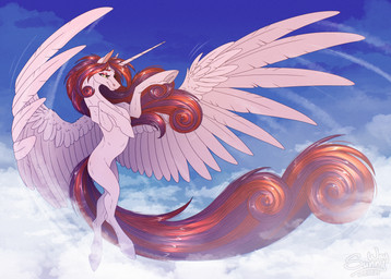 detailed_background feathers female feral flying hair hooves horn long_hair reward sky solo spread_wings wings sunny_way hasbro my_little_pony mythology equid equine horse mammal mythological_creature mythological_equine pony winged_unicorn full-length_portrait hi_res portrait