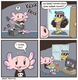 blood bodily_fluids chips_(food) clothing dialogue eyewear female food jacket male musical_instrument question_mark shirt speech_bubble sunglasses t-shirt text topwear marko_comics alexa_lotl eagle_dude accipitrid accipitriform amphibian aquatic avian axolotl bird canid canine canis domestic_dog eagle mammal mole_salamander salamander comic english_text