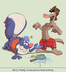 anthro biped blue_body bottomless bottomless_anthro bottomless_male butt clothed clothing duo floating_eyebrows male open_mouth pink_nose slightly_chubby text topless topless_anthro topless_male white_body sinewavy nelvana scaredy_squirrel dave_(scaredy_squirrel) paddy_paterson mammal mephitid skunk 2026 english_text hi_res
