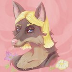 anthro blonde_hair blue_eyes cheek_tuft facial_tuft fangs female flower fur glistening glistening_eyes grey_body grey_ears grey_fur hair pink_inner_ear pink_nose plant purple_flower solo tan_body tan_fur teeth tuft yellow_flower blondefoxy canid canine fox mammal 1:1 bust_portrait digital_media_(artwork) hi_res portrait