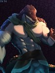 abs anthro bulge claws clothed clothing looking_at_viewer male mostly_nude muscular muscular_anthro muscular_male orange_eyes pecs scales scarf simple_background skimpy solo standing chazer_n overlord_(series) zaryusu_shasha lizard lizardman lizardman_(overlord) reptile scalie 3:4 hi_res