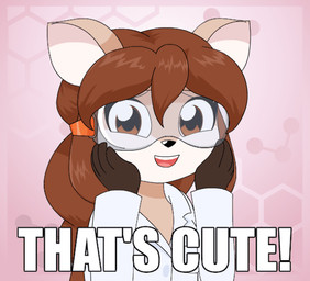 abstract_background anthro black_nose blush brown_body brown_eyes brown_fur brown_hair caption clothed clothing coat eyebrows eyelashes eyewear female fur goggles hair hand_on_cheek lab_coat long_hair looking_at_viewer looking_down open_mouth pink_background simple_background smile solo teeth text tongue topwear white_body white_fur alfa995 doe_(alfa995) deer mammal 2016 2d_animation animated english_text image_macro impact_(font) meme reaction_image