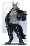 abs anthro black_body black_fur bottomwear claws clothed clothing digit_ring digitigrade ear_piercing feet finger_ring fur grey_body grey_fur jacket jewelry leather leather_bottomwear leather_clothing leather_jacket leather_pants leather_topwear male muscular muscular_anthro muscular_male neck_tuft nipples open_clothing open_topwear pants pecs piercing red_eyes ring ring_(jewelry) simple_background solo tail toe_ring toes topwear tuft white_background yellow_sclera dark-dusk dark4202n nintendo pokemon canid canine canis generation_3_pokemon mammal mightyena pokemon_(species) absurd_res hi_res