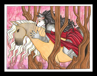 5_fingers anthro black_border black_hair black_nose border brown_body brown_eyes brown_fur claws clothed clothing dress duo female feral fingers forest fur grey_body grey_fur hair long_hair mane multicolored_body multicolored_fur outside plant riding side_view size_difference smile straddling stripes tree white_body white_fur luthien_nightwolf canid canine canis equid equine horse mammal wolf 2014 colored_pencil_(artwork) signature traditional_media_(artwork)