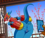 ambiguous_gender anthro anus armor blue_body blush bottomless breasts butt camera_phone clothed clothing duo electronics female female_focus genitals looking_back phone pussy red_eyes solo_focus lonbluewolf bandai_namco digimon digimon_(species) flamedramon 2020