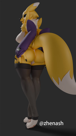 anthro armwear big_breasts black_clothing black_legwear black_sclera black_thigh_highs breasts bridal_gauntlets clothing female fluffy fluffy_tail fur legwear multicolored_body multicolored_fur purple_armwear purple_bridal_gauntlets purple_clothing solo stockings tail teal_eyes thigh_highs two_tone_body two_tone_fur white_body white_fur yellow_body yellow_fur zhenash bandai_namco digimon canid canine digimon_(species) fox mammal renamon 3d_(artwork) 9:16 blender_(artwork) digital_media_(artwork) hi_res