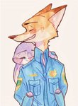 anthro bodily_fluids carrying_another clothed clothing dipstick_ears duo ear_markings eyes_closed fur grey_body grey_fur grin multicolored_ears orange_body orange_fur piggyback simple_background smile tears strawberry628_(artist) disney zootopia judy_hopps nick_wilde canid canine fox lagomorph leporid mammal rabbit red_fox true_fox 2020 hi_res painting_(artwork) traditional_media_(artwork) watercolor_(artwork)