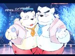 anthro belly blush clothing duo eyewear glasses holidays hoodie hug kemono male male/male moobs navel necktie night nipples outside overweight overweight_male topwear snow_utamaru christmas bear mammal polar_bear ursine 2022 hi_res letterbox