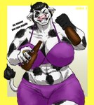 2_horns 5_fingers alcohol alcohol_bottle anthro beverage big_breasts black_hair black_nails blinking bottle boxers_(clothing) bra breasts camel_toe clothed clothing colored_nails container dialogue ear_piercing eyebrows female fingers fur green_eyes hair holding_bottle holding_container holding_object horn huge_breasts huge_hips huge_thighs lips markings muscular muscular_anthro muscular_female nails piercing pink_nose purple_bra purple_clothing purple_underwear ring smile solo spots spotted_body tail teeth teeth_showing text thick_thighs underwear wide_hips limbo6_6 ingrid_(limbo6_6) bovid bovine cattle mammal