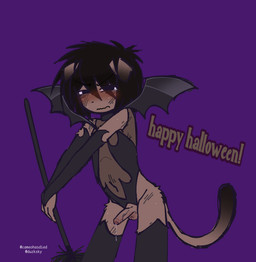 alternate_species anthro armwear balls bat_accessory black_armwear black_bodysuit black_clothing black_elbow_gloves black_gloves black_handwear black_legwear black_skinsuit black_thigh_highs blush bodily_fluids bodysuit broom brown_body brown_clothing brown_fur brown_hair brown_tail brown_topwear cleaning_tool clothed clothing crotchless_clothing dipstick_ears dipstick_tail dirty ear_markings ears_down elbow_gloves embarrassed fake_wings foreskin fur furrification genital_fluids genitals gloves hair handwear holding_broom holding_cleaning_tool holding_object holidays legwear looking_at_viewer male markings multicolored_ears penis pivoted_ears precum shota skinsuit solo sweat tail tail_markings thigh_highs tight_clothing topwear vein veiny_penis wavy_mouth young young_anthro young_male cameohasdied dressuptober endzone halloween law_of_talos chimbley_sweep domestic_cat felid feline felis mammal hi_res