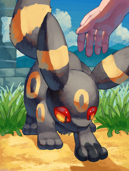 ambiguous_gender black_body black_fur cloud duo feral fur grass markings paws plant red_eyes ring_(marking) sky tail p9kfxaofqi54546 nintendo pokemon eeveelution generation_2_pokemon human mammal pokemon_(species) umbreon 2025 3:4 hi_res
