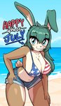 american_flag_bikini anthro beach big_breasts bikini blue_eyes bottomwear breasts brown_body brown_fur buckteeth clothing cutoffs denim denim_bottomwear denim_clothing female flag_bikini front_view fur green_hair hair hand_on_leg hand_on_thigh holidays leaning leaning_forward long_ears long_hair looking_at_viewer sand sea shorts smile solo swimwear tan_body tan_fur teeth two-piece_swimsuit water hima_nsfw 4th_of_july lagomorph leporid mammal rabbit absurd_res hi_res portrait three-quarter_portrait