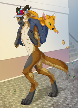 anthro backpack barefoot black_nose blue_eyes brown_body brown_fur cookie detailed_background digitigrade feet feral food fur green_eyes horn nude orange_body orange_fur smile jay-kuro canid canine fox hybrid mammal 2017 hi_res