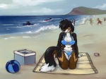 anthro beach bikini black_hair blue_eyes breasts clothed clothing cloud curvy_figure detailed_background female group hair looking_at_viewer on_towel outside sand seaside sky solo_focus swimwear towel two-piece_swimsuit voluptuous water tpf1990 canid canine domestic_cat felid feline felis fox hybrid mammal pantherine tiger 4:3