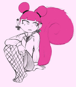 clothed clothing cross ear_piercing eyelashes fishnet_clothing fluffy hair jacket piercing pink_hair pupils selective_coloring simple_background sitting slit_pupils solo topwear salaciouslx daram_(rrr001222) animal_humanoid humanoid mammal rodent sciurid tree_squirrel 2018 hi_res sketch unavailable_at_source