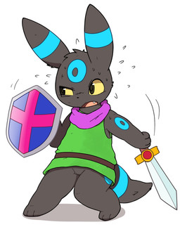 ambiguous_gender bioluminescence bodily_fluids clothed clothed_feral clothing cosplay cute_fangs fangs feral flying_sweatdrops fur glowing grey_body grey_fur holding_melee_weapon holding_object holding_shield holding_sword holding_weapon melee_weapon open_mouth paws shield shirt simple_background solo sweat sweatdrop sword teeth tongue topwear tunic weapon white_background yellow_sclera inukami_hikari nintendo pokemon tunic_(video_game) ruin_seeker eeveelution generation_2_pokemon pokemon_(species) shiny_pokemon umbreon 2025 digital_media_(artwork) full-length_portrait hi_res portrait