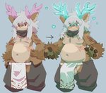 4_fingers anthro antlers arm_markings arm_tuft balls belly big_balls biped blue_eyes blue_horn blush bottomwear brown_body brown_eyes brown_fur clothed clothing ear_piercing ear_ring expansion fingers fluffy fluffy_hair flustered fur genitals grey_hair hair hands_on_hips horn kemono loincloth long_hair magic male markings midriff monotone_hair moobs multicolored_body multicolored_fur navel nipples overweight overweight_anthro overweight_male pants piercing pink_horn pupils ring_piercing scar scarf simple_background slit_pupils solo standing surprise tan_body tan_fur tenting topless transformation transformation_sequence tuft weight_gain wrist_tuft si_ra_ta_ma3 deer mammal portrait sequence three-quarter_portrait