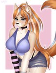 anthro belly big_breasts biped blonde_hair blue_eyes blue_hair blue_highlights blush bottomwear breast_squeeze breasts brown_nose butt cheek_tuft choker cleavage clothed clothing ear_piercing ear_ring eyebrow_through_hair eyebrows eyelashes facial_tuft female fur ginger hair highlights_(coloring) hotpants inner_ear_fluff jewelry looking_at_viewer midriff necklace piercing ponytail raised_tail ring_piercing shirt shorts smile smiling_at_viewer smirk solo squeezing tail tan_body tan_fur tank_top topwear translucent translucent_hair tuft awrpie canid canine fox mammal digital_drawing_(artwork) digital_media_(artwork) hi_res signature