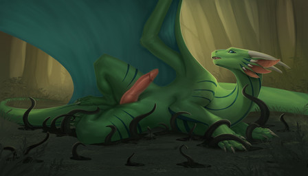 animal_genitalia blue_eyes blue_membrane bound claws ears_up erection fangs feral finger_claws forest forest_background genitals grass green_body hands_tied horn latex leaf long_neck looking_at_viewer lying male markings membrane_(anatomy) membranous_wings nature nature_background on_side open_mouth outside penis plant presenting presenting_penis scale_markings scales solo spread_legs spreading teeth tentacles toe_claws tree white_claws wings conditional_dnp ztalex mythology dracix dragon mythological_creature mythological_scalie scalie 7:4 absurd_res hi_res shaded