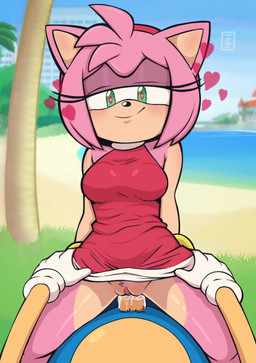 anthro beach blush breasts clothing dress duo eyelashes female genitals hair half-closed_eyes hands_on_legs hands_on_thighs heart_pupils heart_symbol logo male male/female narrowed_eyes penetration penis pink_hair sex smile straddling vaginal vaginal_penetration vulva slr4rthur sega sonic_the_hedgehog_(series) amy_rose sonic_the_hedgehog eulipotyphlan hedgehog mammal absurd_res artist_logo hi_res