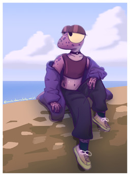 ambiguous_gender anthro border bottomwear choker clothed clothing cloud crop_top denim denim_bottomwear denim_clothing footwear hoodie jeans jewelry looking_aside necklace open_clothing open_topwear pants pink_clothing pink_footwear pink_shoes purple_clothing purple_hoodie purple_topwear sea shirt shoes sitting sitting_on_wall sky socks solo text topwear water white_border beenz seb_(beenz) gecko lizard reptile scalie 2026 artist_name digital_drawing_(artwork) digital_media_(artwork) hi_res trans_(lore) trans_man_(lore)