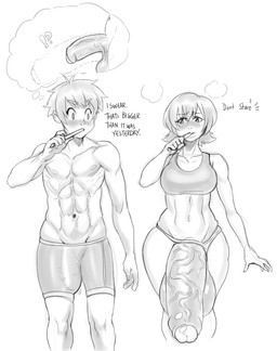 balls big_penis blush breasts brush bulge clothing comparing comparing_penis detailed_bulge duo foreskin genital_outline genitals gynomorph half-erect huge_penis humanoid_genitalia humanoid_penis hyper hyper_genitalia hyper_penis intersex looking_at_genitalia looking_at_penis male muscular not_furry partially_retracted_foreskin penis penis_outline penis_size_difference text toothbrush underwear vein veiny_penis modeseven english_text monochrome