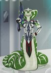 anthro apode armor breasts female green_eyes gun hand_on_hip legless looking_at_viewer multicolored_body non-mammal_breasts ranged_weapon serpentine snake_hood solo standing two_tone_body weapon pig_(artist) x-com silana_(nantangitan) draconcopode naga reptile scalie snake viper_(x-com) 2021 absurd_res digital_media_(artwork) hi_res