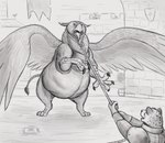 ambiguous_gender angry anthro armor beak belly big_belly castle duo feral greyscale_background lasso male on_two_legs open_mouth overweight restraints spread_wings tongue wings thatgryphonguy mythology avian felid gryphon leopard mammal mythological_avian mythological_creature pantherine sketch