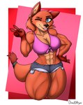2021 4_fingers abs absurd_res anthro athletic athletic_anthro athletic_female big_breasts black_nose blue_eyes bottomwear breasts canid canine cleavage clothed clothing cutoffs daisy_dukes denim denim_bottomwear denim_clothing dino20bryan ear_piercing ear_ring female fingers fox fur gesture hand_gesture hi_res hotpants inner_ear_fluff mammal midriff muscular muscular_anthro muscular_female navel navel_piercing one_eye_closed orange_body orange_fur piercing portrait ring_piercing shirt shorts signature smile solo thick_thighs three-quarter_portrait tied_shirt topwear tuft v_sign wink zoey_felix