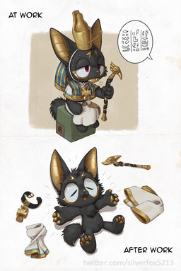 ankh anthro black_body black_fur bodily_fluids breath clothed clothing collar dialogue duct_tape eyes_closed featureless_crotch frown fully_clothed fur headdress holding_object male nude open_mouth pawpads red_eyes scepter sitting solo speech_bubble sweat tape text tongue tongue_out yellow_body silverfox5213 egyptian_mythology middle_eastern_mythology mythology anubis anubian_jackal canid canine canis deity jackal mammal 2025 english_text hi_res hieroglyphic_text
