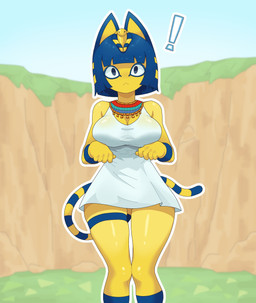 :< anthro big_breasts blue_eyes blue_hair bob_cut breasts cleavage cliff clothed clothing dress egyptian egyptian_clothing exclamation_point eyeliner female front_view grass hair knock-kneed makeup markings medium_hair outside plant short_dress solo striped_markings striped_tail stripes tail tail_markings thigh_strap translucent translucent_clothing translucent_dress uraeus usekh wide_eyed wide_hips wristband neamo animal_crossing nintendo ankha_(animal_crossing) domestic_cat felid feline felis mammal 2025 absurd_res hi_res portrait three-quarter_portrait