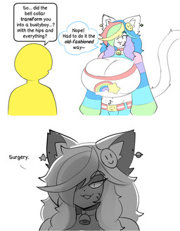 ambiguous_gender answer anthro bell bell_collar belt belt_buckle big_breasts breasts buckle cleavage clothed clothing collar crotch_tuft dialogue duo exclamation_point eyebrow_through_hair eyebrows female fur hair huge_breasts inner_ear_fluff multicolored_clothing multicolored_hair multicolored_topwear question question_mark rainbow_clothing rainbow_hair rainbow_topwear simple_background smiley_face speech_bubble tail text tilde_after_text topwear translucent translucent_hair tuft white_background white_body white_fur yellow_body theycallhimcake finley_(theycallhimcake) domestic_cat felid feline felis mammal 2024 absurd_res digital_drawing_(artwork) digital_media_(artwork) english_description english_text hi_res busty_boy_(lore) male_(lore)