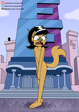 angry anthro black_hair covering covering_crotch embarrassed female fur green_eyes hair nude solo tan_body tan_fur text eagc7 nickelodeon t.u.f.f._puppy kitty_katswell domestic_cat felid feline felis mammal absurd_res hi_res url
