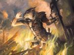 anthro armor destruction detailed_background fire leather male solo lucas_graciano hasbro magic:_the_gathering ainok canid canine mammal official_art painting_(artwork) traditional_media_(artwork)