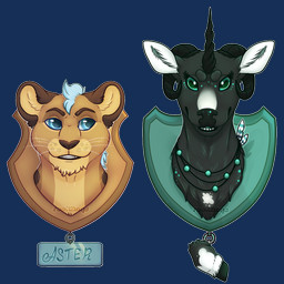 ambiguous_gender black_body countershading detachable detachable_head duo feral horn looking_at_viewer markings modular name_tag orange_body simple_background spots spotted_body transparent_background trophy_head yellow_body yellow_countershading rooklinq mythology deer equid equine felid hybrid leopard lion mammal mythological_creature mythological_equine pantherine unicorn 1:1 2019 alpha_channel