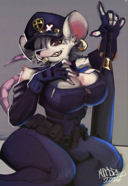 5_fingers anthro bat_(object) big_breasts big_ears bodysuit breasts buckteeth cleavage clothed clothing ear_piercing female fingers fur grey_background hat headgear headwear looking_at_viewer peaked_cap piercing pink_tail red_eyes simple_background skinsuit solo tail teeth tight_clothing uniform white_body white_fur mifdraws officer_flint_(foresttherotten) mammal murid murine rat rodent 2026 hi_res signature