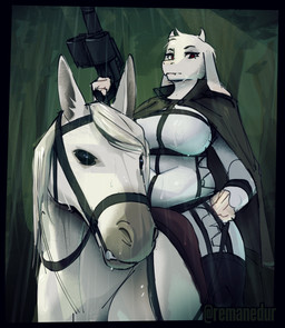 anthro clothed clothing female fur gun holding_gun holding_object holding_ranged_weapon holding_weapon horn looking_at_viewer raining ranged_weapon simple_background solo thick_thighs weapon white_body white_fur conditional_dnp remanedur konami metal_gear undertale undertale_(series) toriel boss_monster_(undertale) bovid caprine equid equine goat horse mammal digital_media_(artwork)