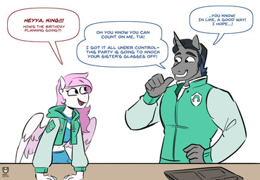 anthro black_hair clothing dialogue duo female furniture hair hoodie horn jacket letterman_jacket male pink_hair simple_background table text topwear white_background wings redxbacon friendship_is_magic hasbro my_little_pony mythology king_sombra_(mlp) princess_celestia_(mlp) equid equine mammal mythological_creature mythological_equine pegasus unicorn english_text hi_res