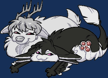 2_horns 3_fingers 3_toes 4_ears ambiguous_gender antlers black_body black_claws black_feathers black_finger_claws black_fur black_sclera black_tail black_toe_claws chest_tuft claws closed_smile countershading digitigrade duo ears_down feathered_wings feathers feet feral finger_claws fingers fluffy fluffy_tail fur grey_hair grey_horn hair horn loaf loafers long_tail lying mouth_closed multi_ear multicolored_body narrowed_eyes nude on_front pawpads paws pink_eyes pink_pawpads pivoted_ears short_hair short_tail silly simple_background smile smug tail tail_tuft toes transparent_background tuft tufted_fur white_body white_feathers white_fur white_tail winged_arms wings conhugo fyr_(fenrir784) gooddeer avali avian bird deer mammal 2026 alpha_channel colored digital_drawing_(artwork) digital_media_(artwork) flat_colors pixel_(artwork)