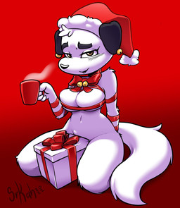 anthro bell beverage blush bow_ribbon christmas_clothing christmas_gift christmas_headwear clothing container cup eyebrows female front_view giftbox gradient_background hat headgear headwear holding_container holding_cup holding_mug holding_object holidays hot_beverage looking_at_viewer mostly_nude mug navel raised_eyebrow red_background red_mug red_ribbon ribbon_only santa_hat seducing_viewer seductive simple_background solo steam senorkah christmas canid canine canis domestic_dog mammal 2022 hi_res shaded