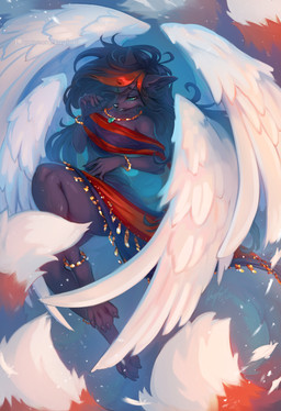 anthro biped breasts claws clothed clothed_anthro clothed_female clothing feathers feet female fingers front_view fur hair solo tail teeth toes wings kayfoxii canid canine fox mammal 2026 digital_drawing_(artwork) digital_media_(artwork) hi_res